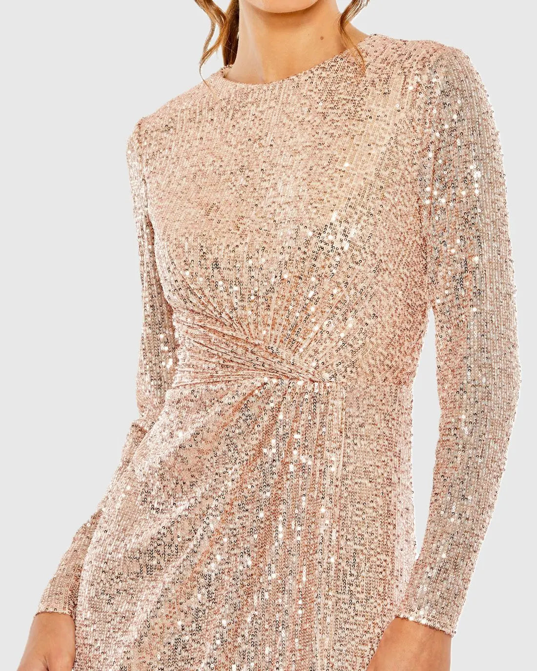 Light Pink Sequined Side Knot Long Sleeve Gown