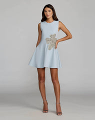 Sleeveless Crepe Mini Dress With Rhinestone Flower