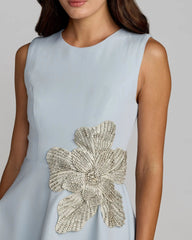 Blue Crepe Sleeveless Mini Dress With Rhinestone Flower