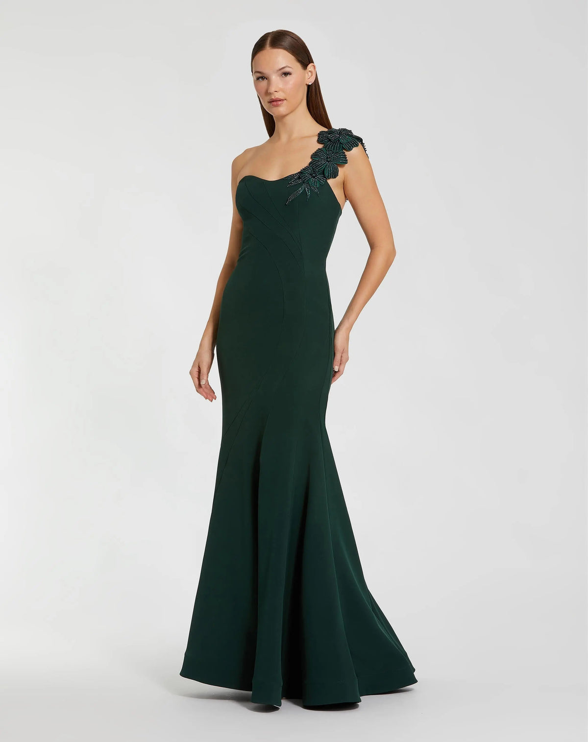 Emerald Green One Shoulder Beaded Flower Mermaid Gown