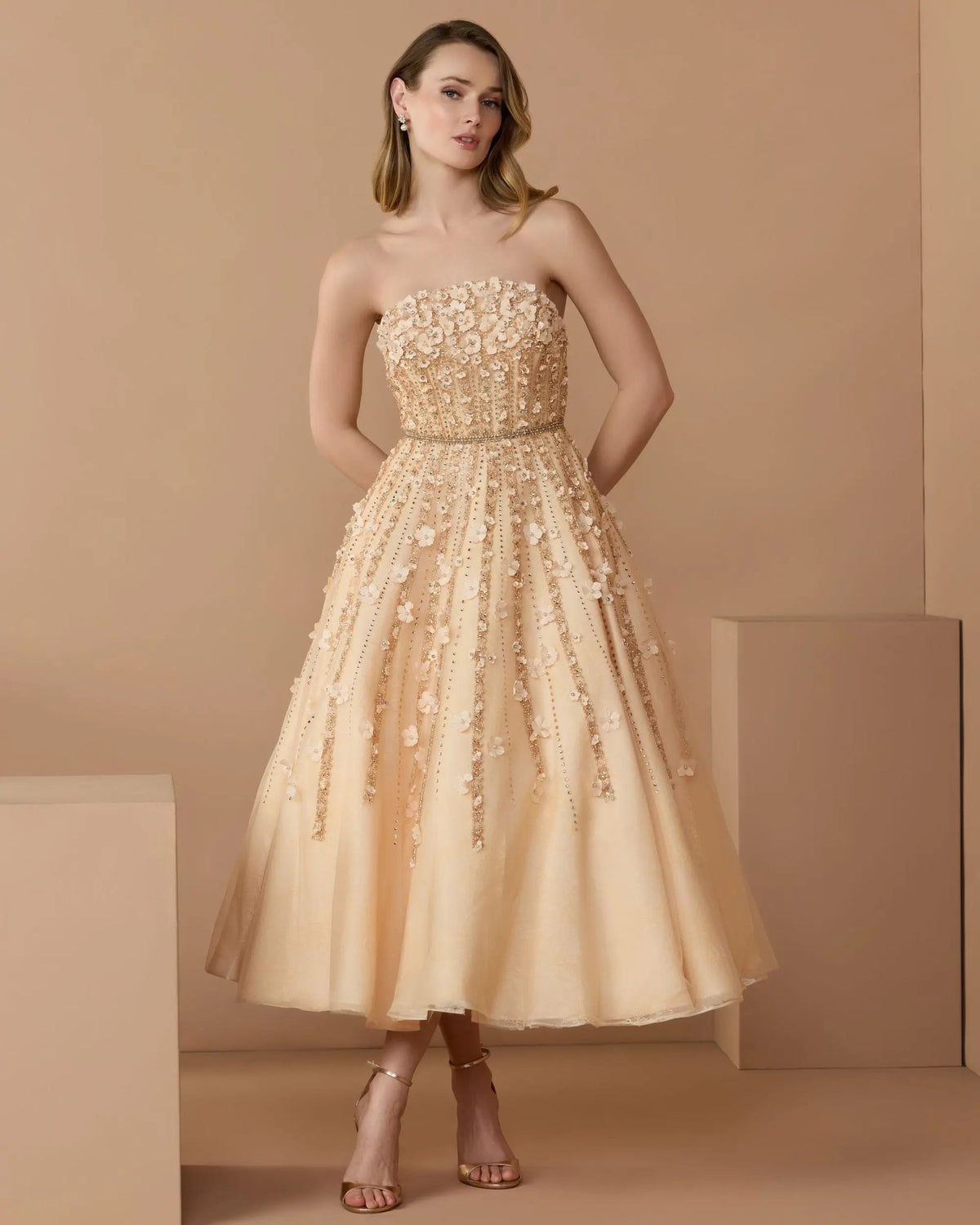 Embellished Lace Strapless A Line Midi Dress