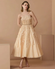 Embellished Lace Strapless A Line Midi Dress
