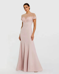 Crepe Mermaid Gown With Beaded Illusion Neck