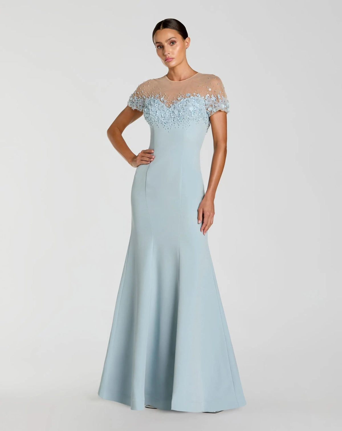 Crepe Mermaid Gown With Beaded Illusion Neck
