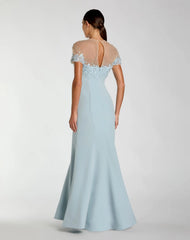 Blue Crepe Mermaid Gown With Beaded Illusion Neck