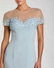 Blue Crepe Mermaid Gown With Beaded Illusion Neck
