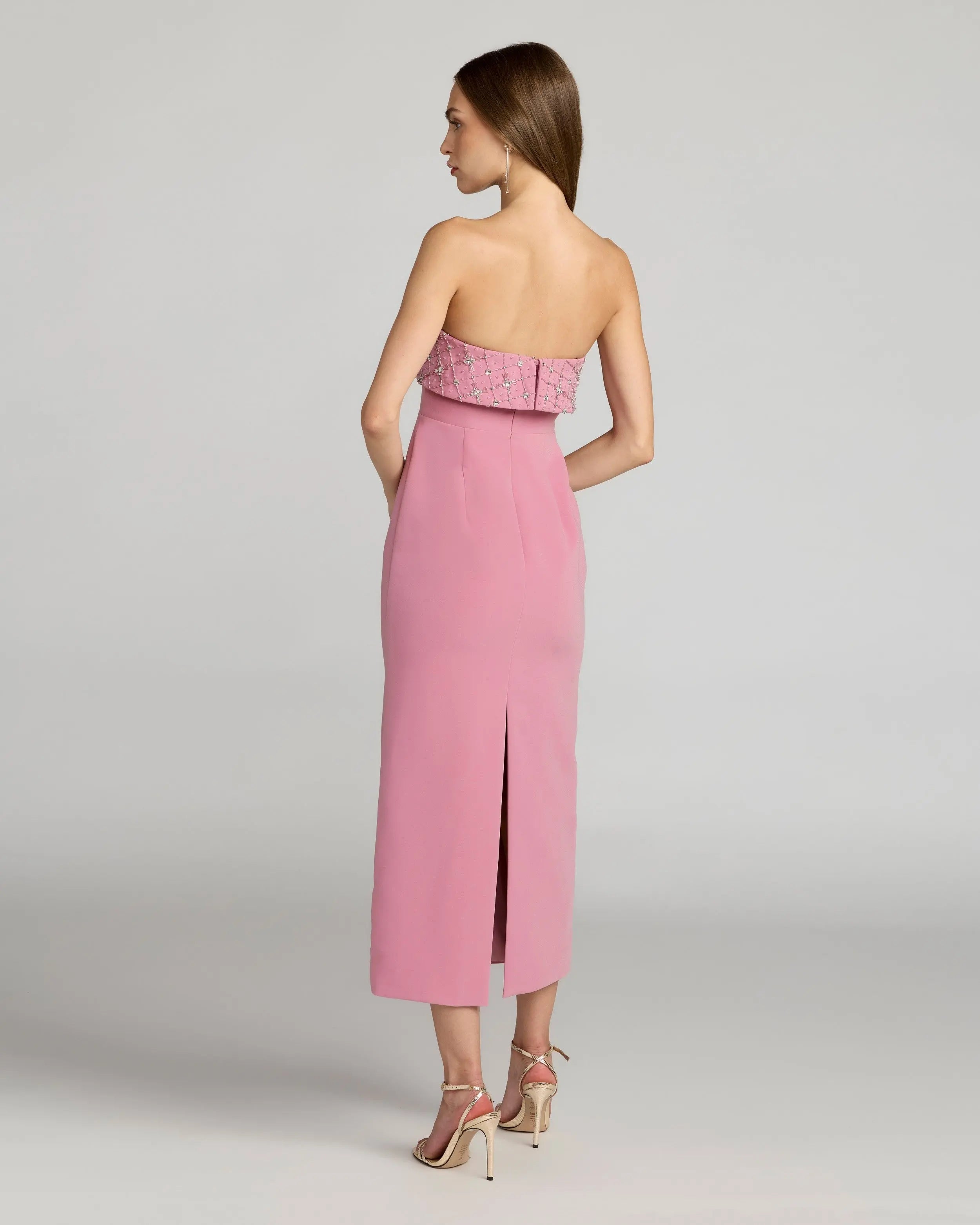Pink Strapless Crepe Midi Dress With Rhinestone Detail