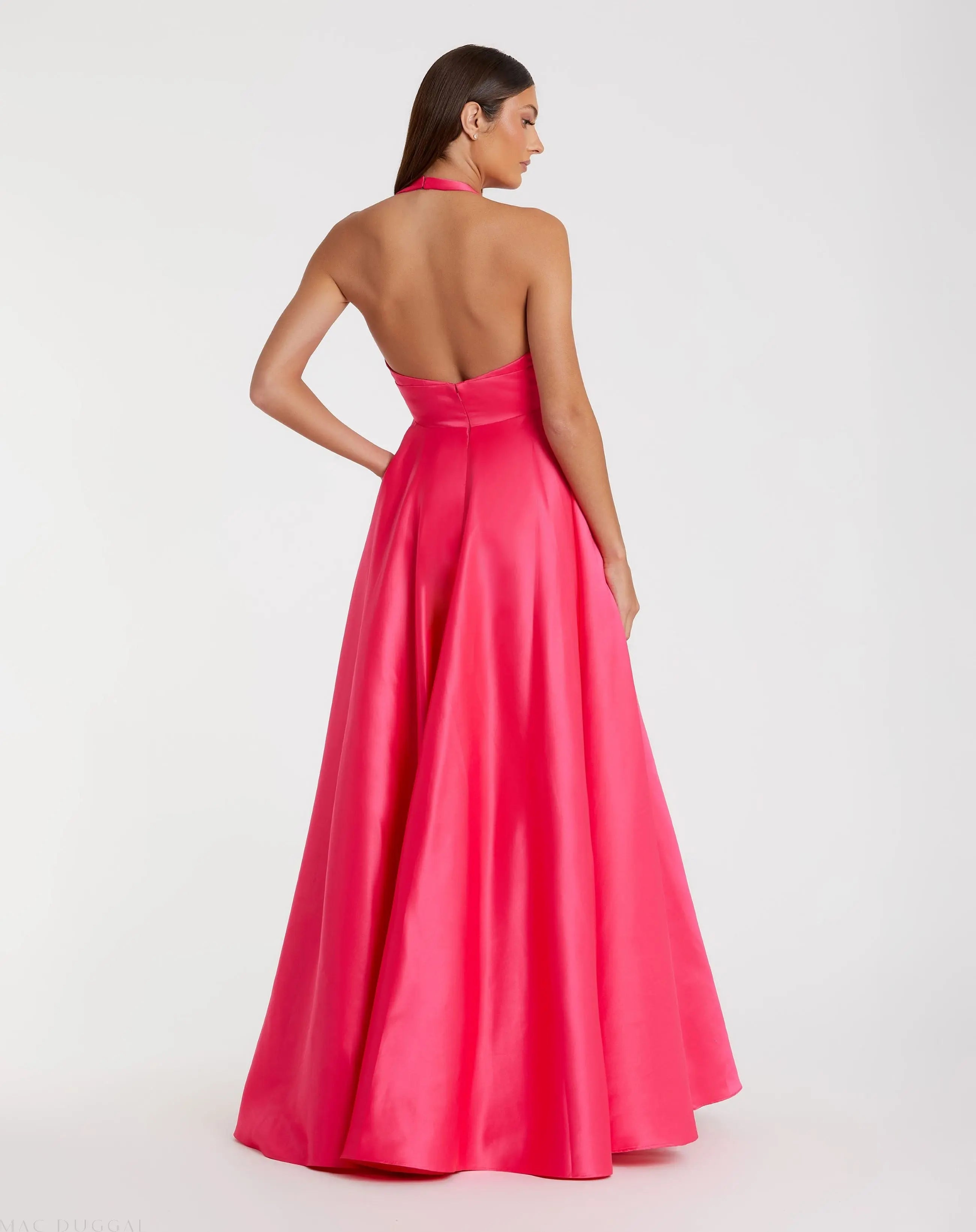 Pink Sleeveless Halter Neck Satin Ball Gown With Bow