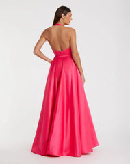 Pink Sleeveless Halter Neck Satin Ball Gown With Bow