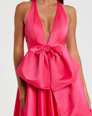 Pink Sleeveless Halter Neck Satin Ball Gown With Bow