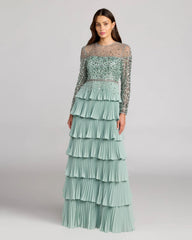 Green Embellished Illusion Long Sleeve Ruffle Gown