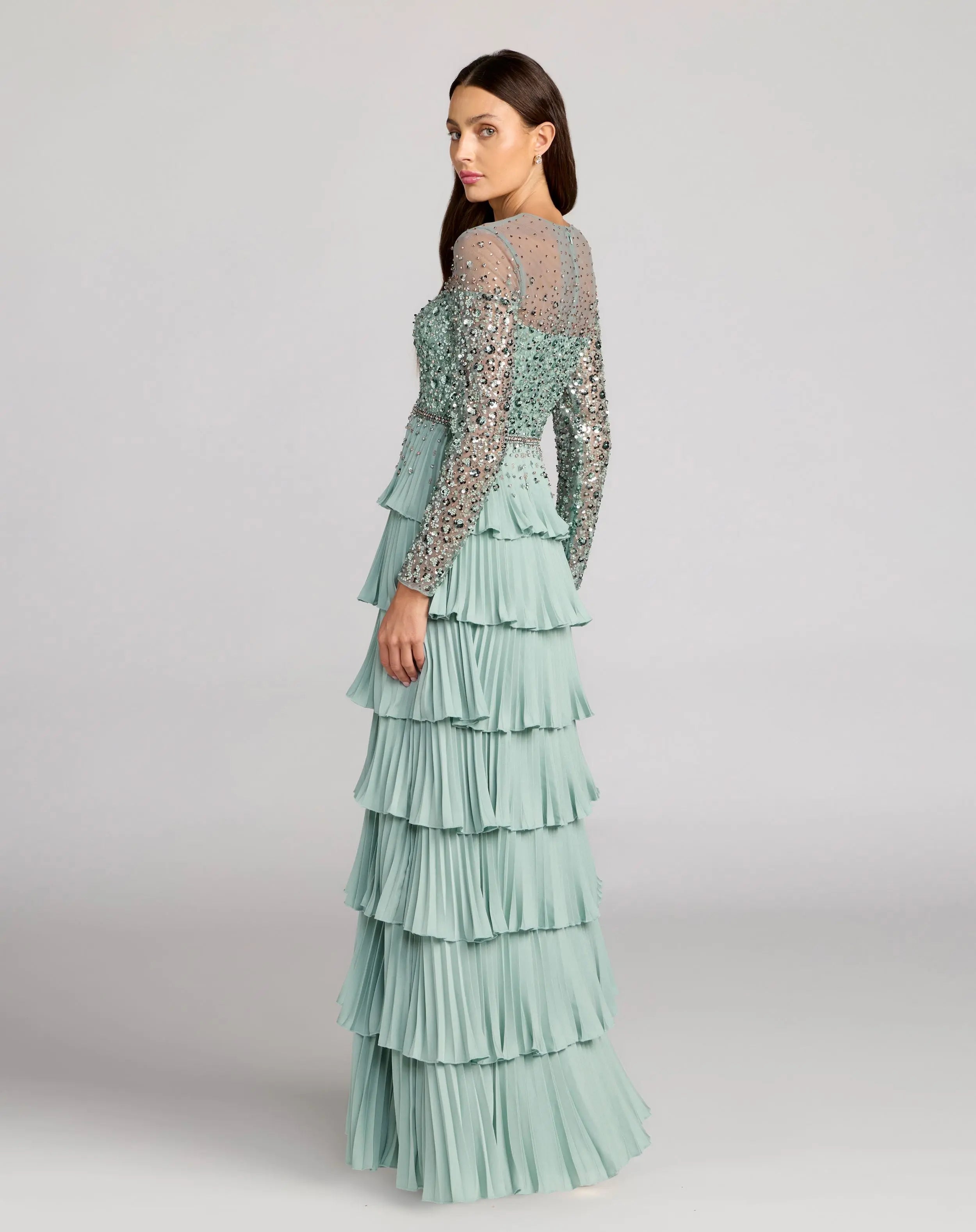 Green Embellished Illusion Long Sleeve Ruffle Gown