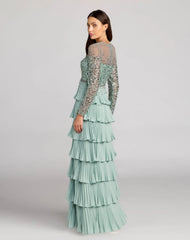 Green Embellished Illusion Long Sleeve Ruffle Gown