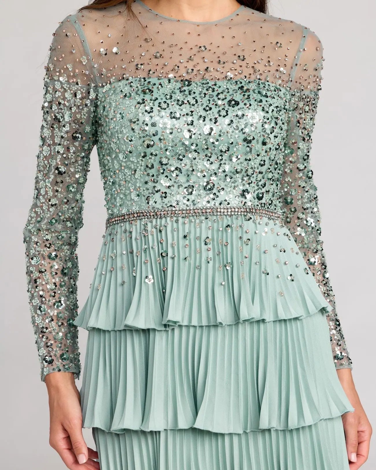 Green Embellished Illusion Long Sleeve Ruffle Gown