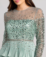 Green Embellished Illusion Long Sleeve Ruffle Gown