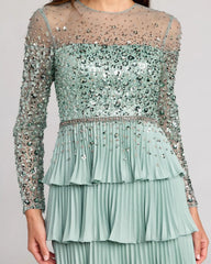 Green Embellished Illusion Long Sleeve Ruffle Gown