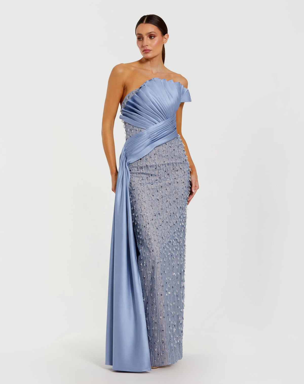 Blue Beaded Lace Column Gown with Satin Sash