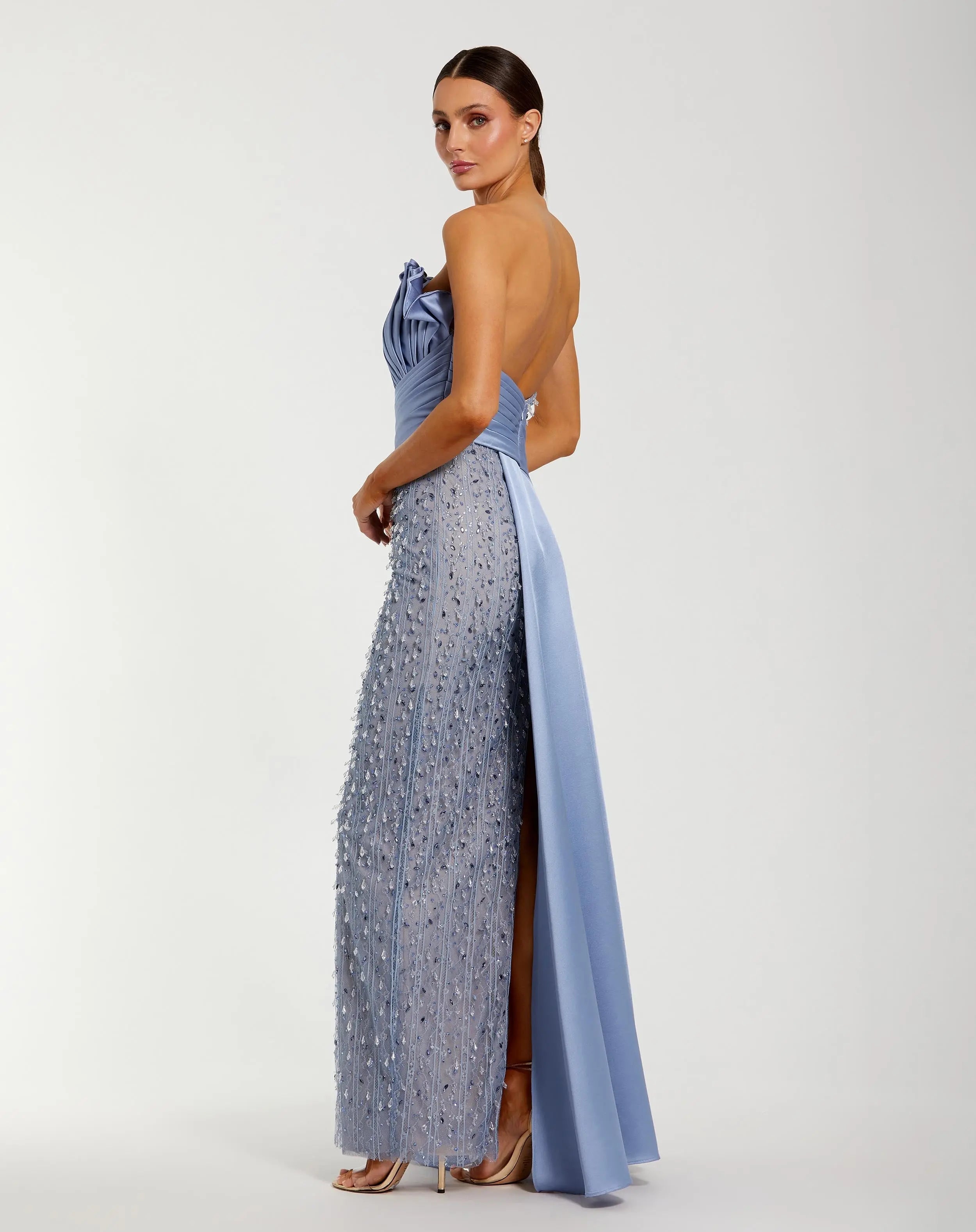 Blue Beaded Lace Column Gown with Satin Sash