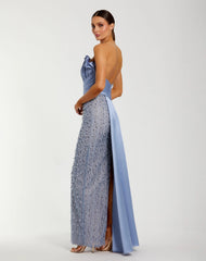 Blue Beaded Lace Column Gown with Satin Sash