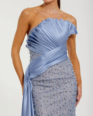Blue Beaded Lace Column Gown with Satin Sash