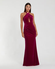 Twist Neck Open Front Velvet Draped Gown