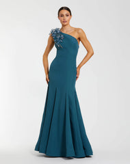 Blue One Shoulder Mermaid Gown with 3D Flowers