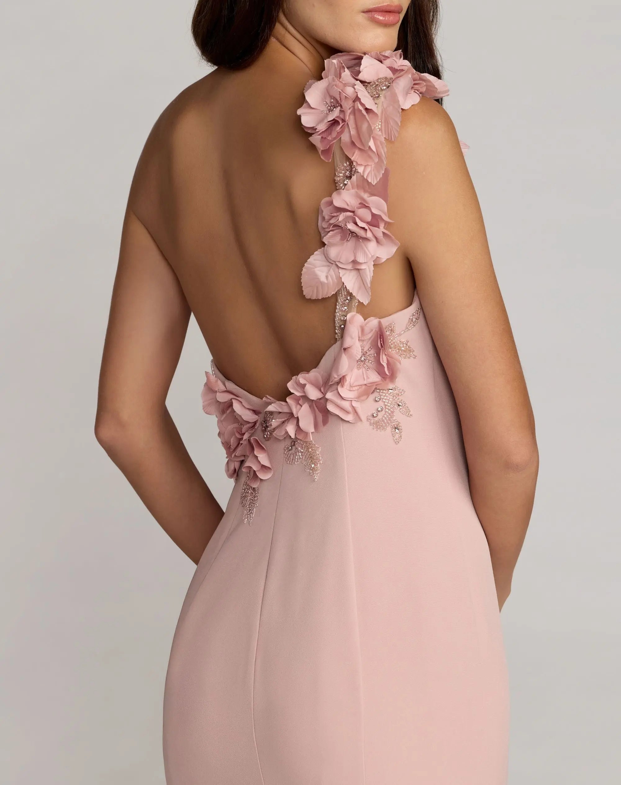 Pink One Shoulder Floral Embellished Mermaid Gown