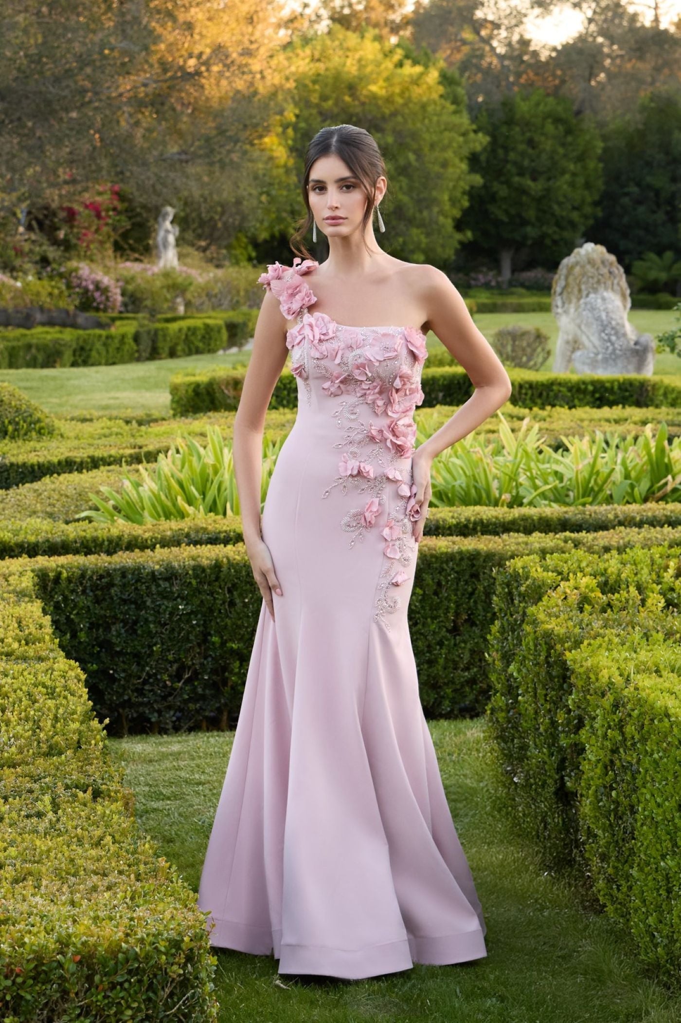 Pink One Shoulder Floral Embellished Mermaid Gown