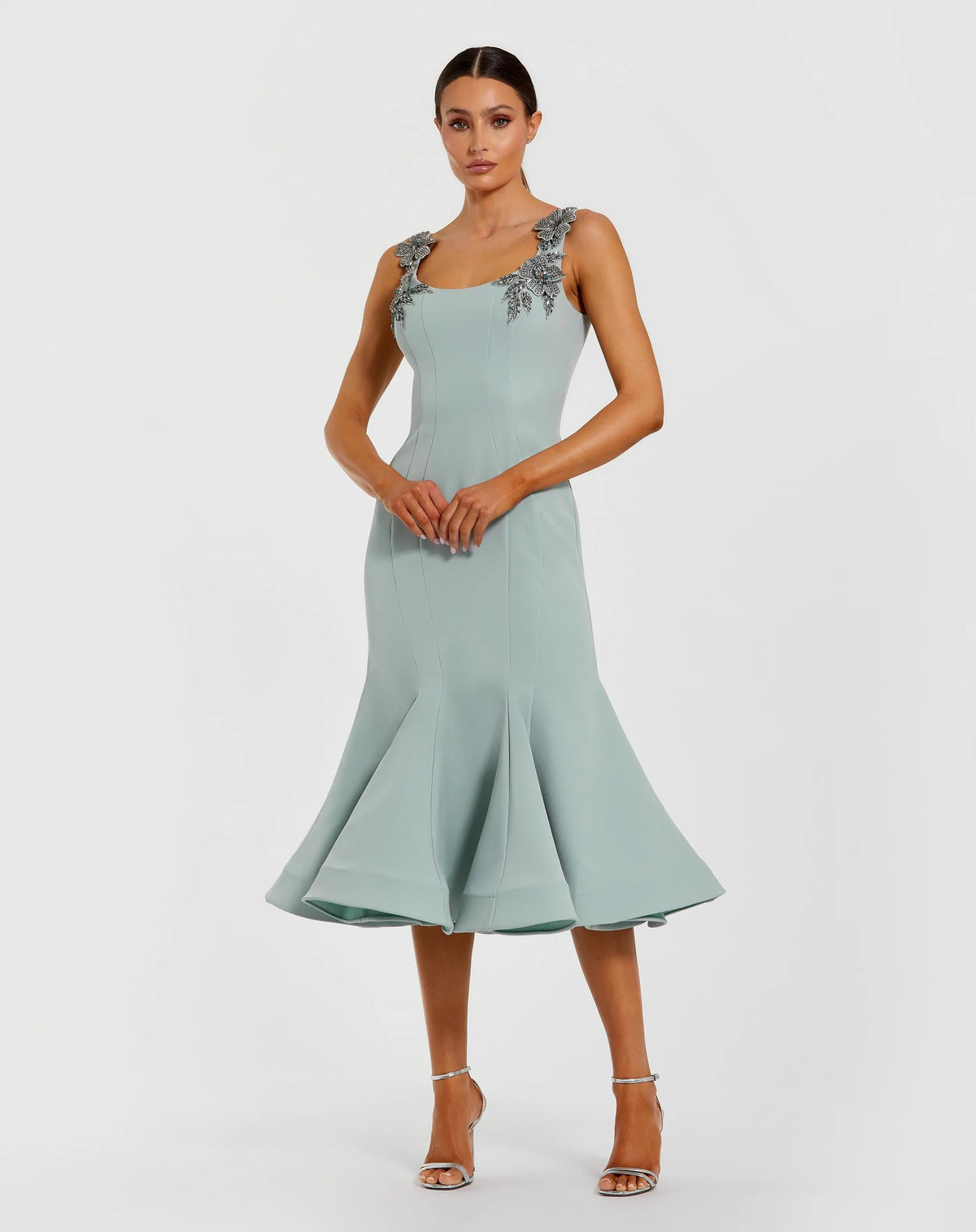 Green Sleeveless Midi Dress With Floral Embellishments