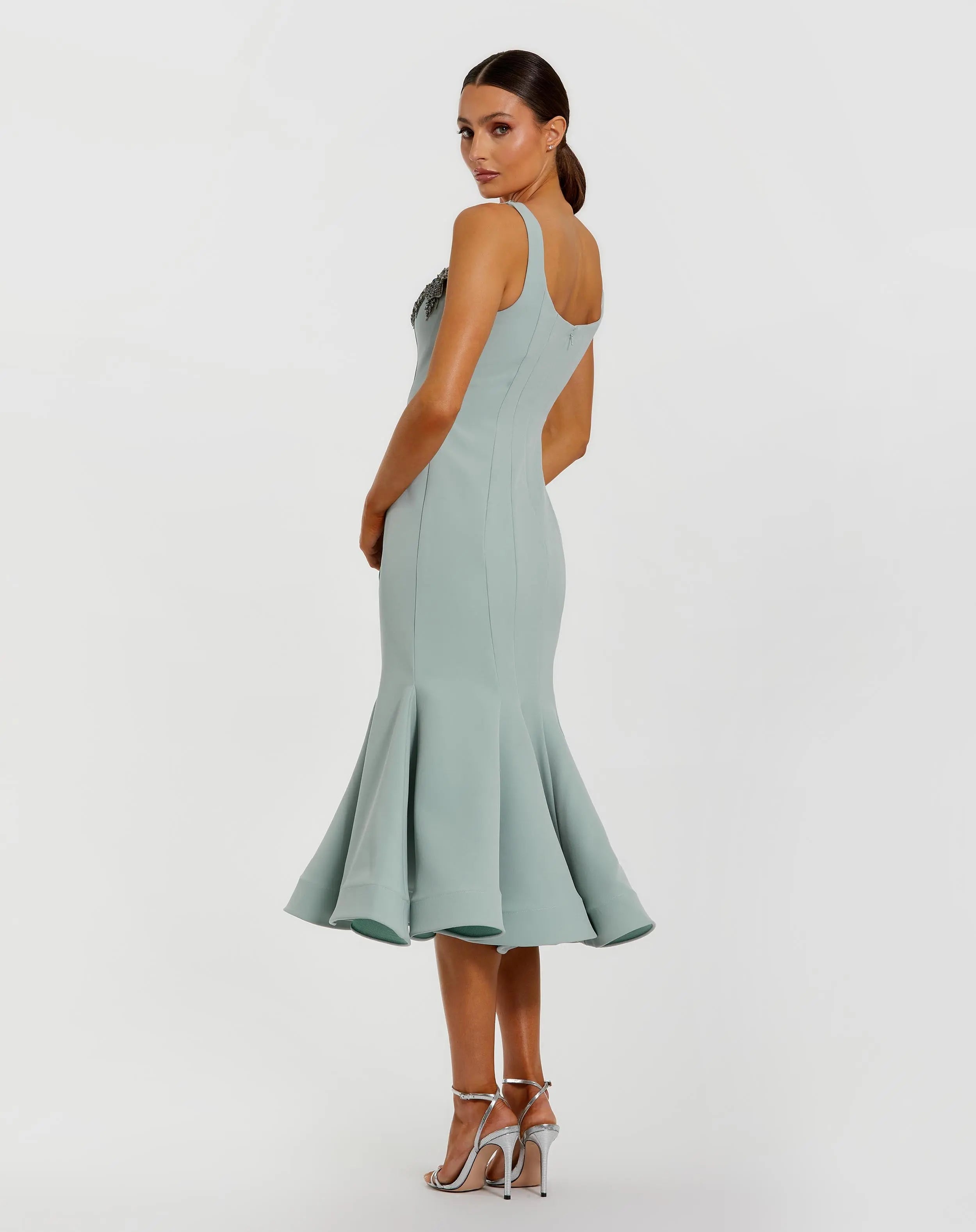 Green Sleeveless Midi Dress With Floral Embellishments