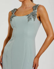 Green Sleeveless Midi Dress With Floral Embellishments