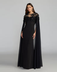 Black Floral Embellished Crepe Gown With Chiffon Cape