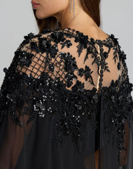 Black Floral Embellished Crepe Gown With Chiffon Cape