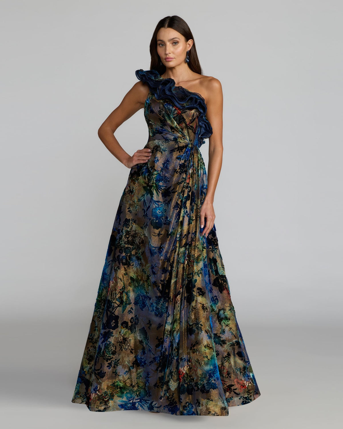 Black Multicolor One Shoulder Burnout Velvet Gown
