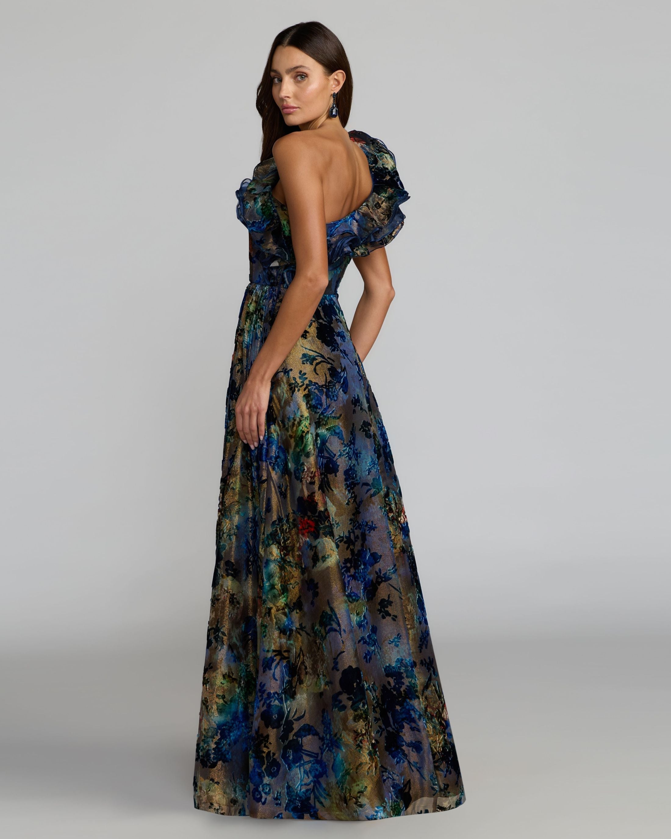 Black Multicolor One Shoulder Burnout Velvet Gown