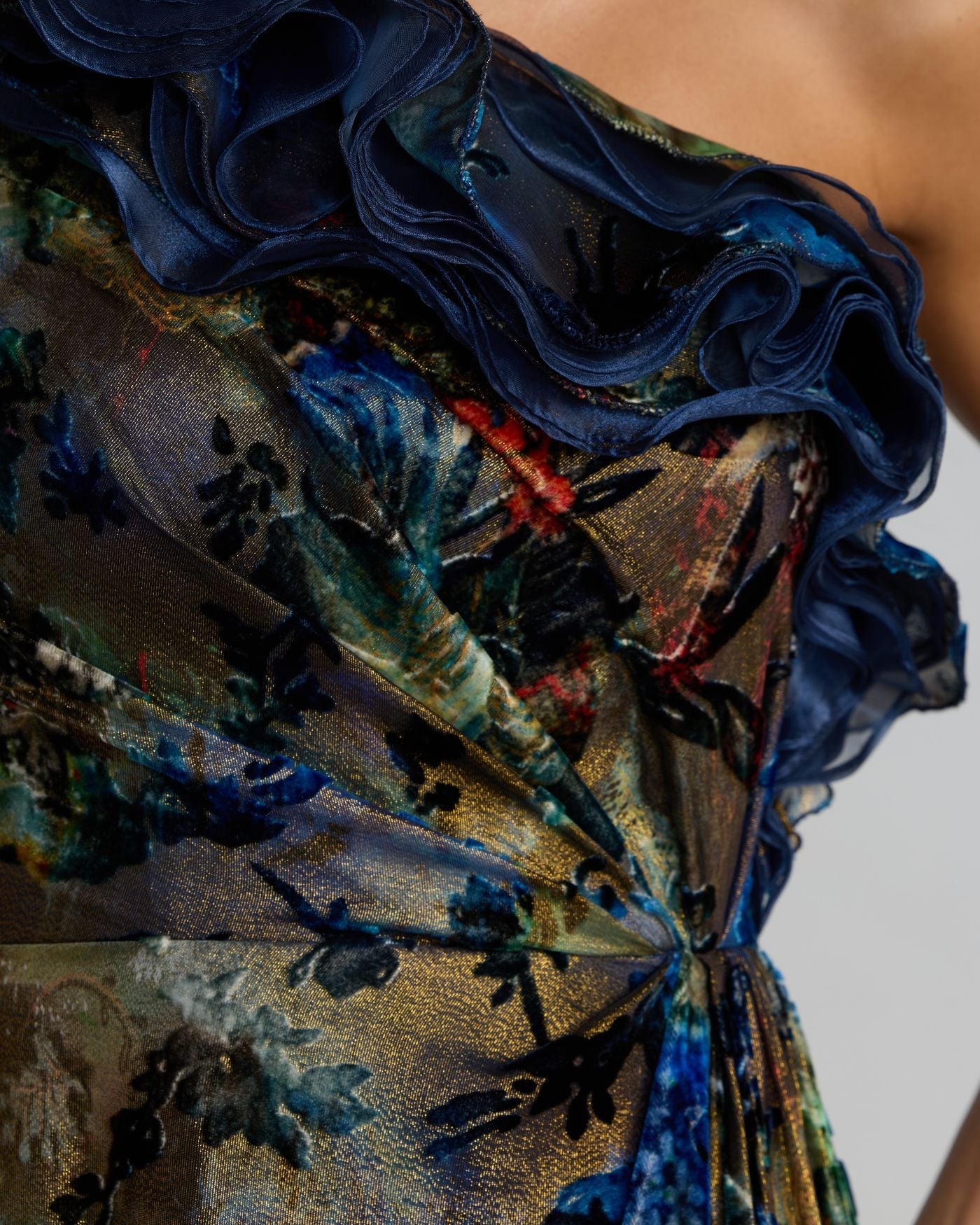 Black Multicolor One Shoulder Burnout Velvet Gown