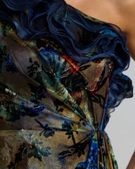 Black Multicolor One Shoulder Burnout Velvet Gown