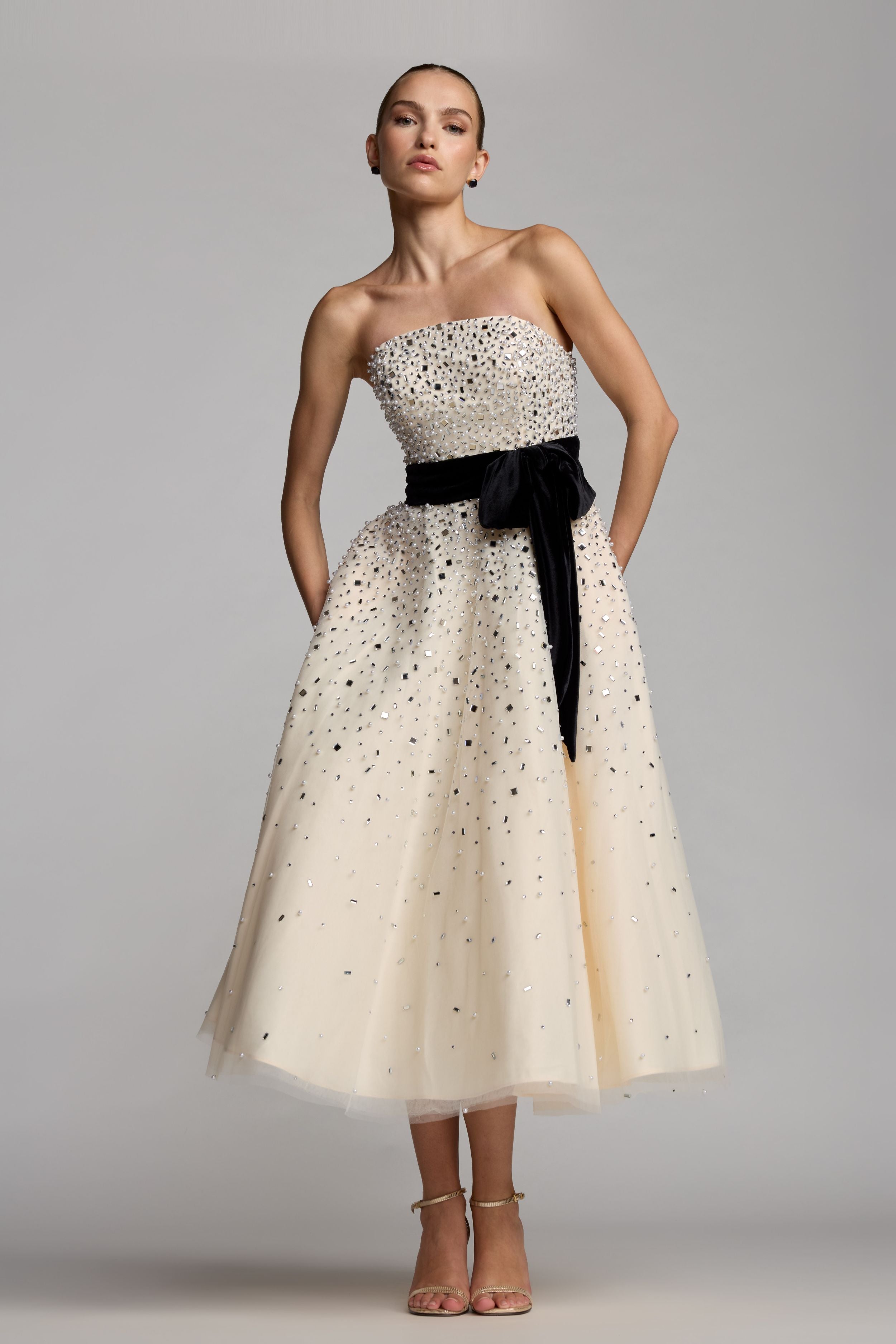 White Embellished Strapless Midi Dress with Velvet Bow