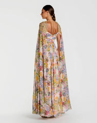 Multicolor Floral Gown With Beaded Cape Sleeves