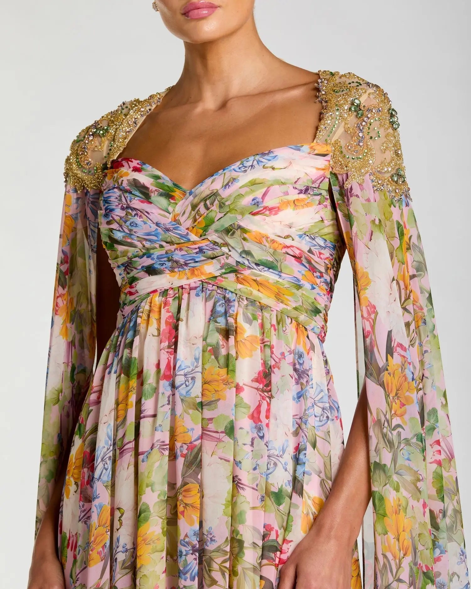 Multicolor Floral Gown With Beaded Cape Sleeves