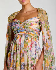 Multicolor Floral Gown With Beaded Cape Sleeves