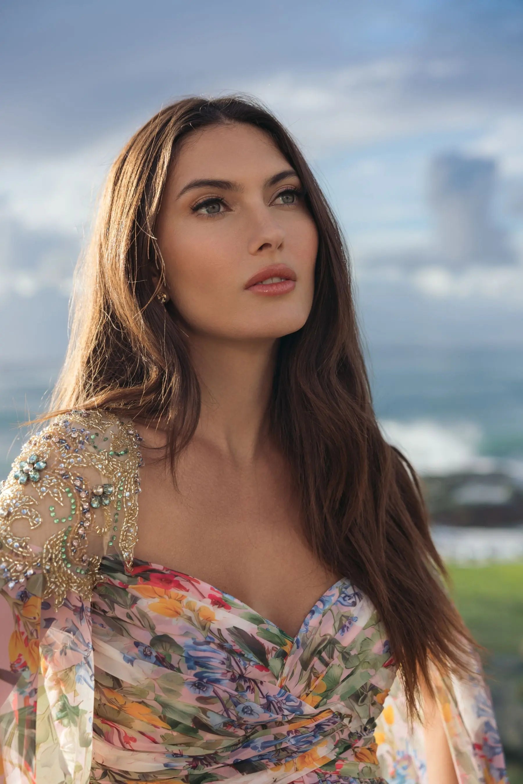 Multicolor Floral Gown With Beaded Cape Sleeves