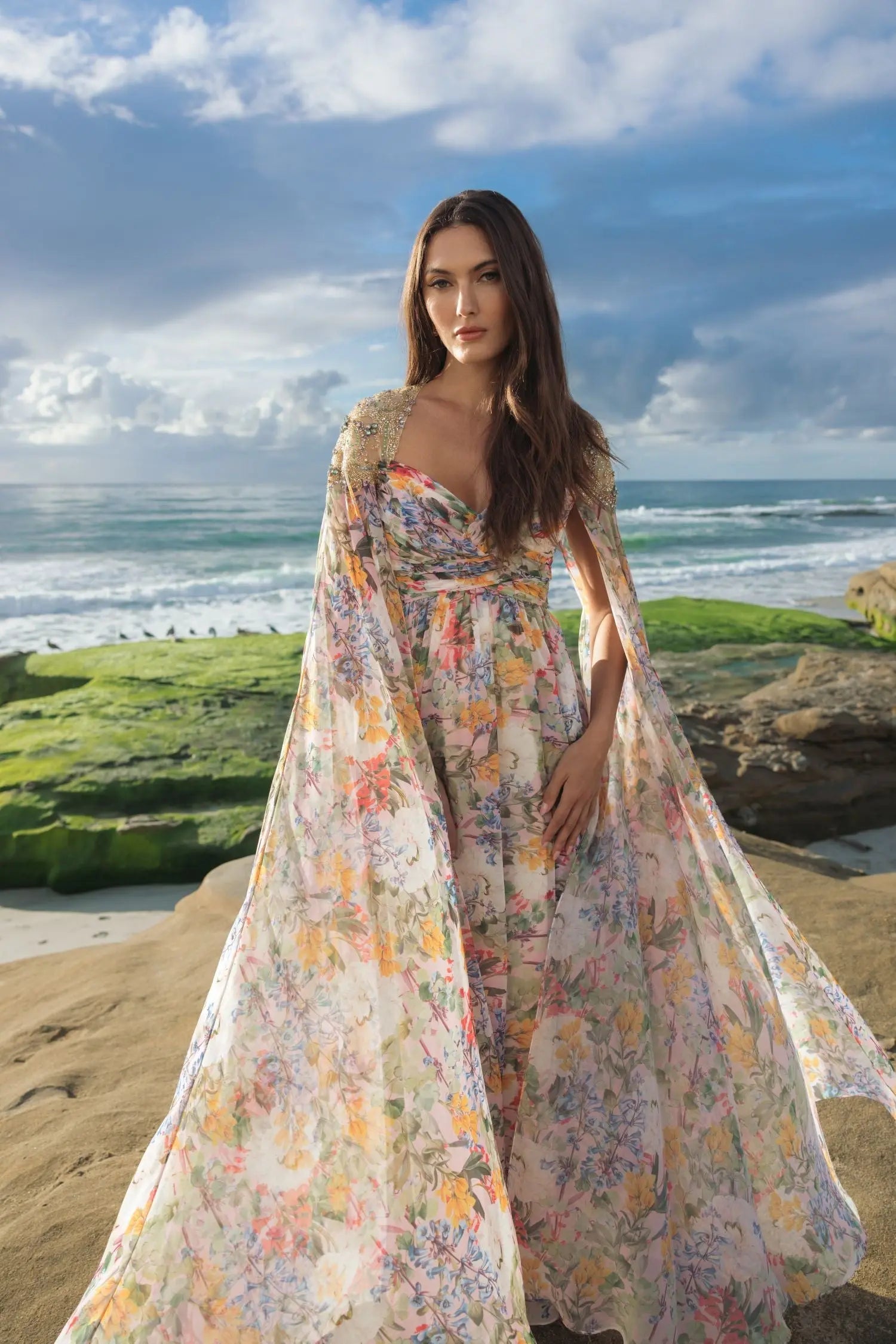 Multicolor Floral Gown With Beaded Cape Sleeves