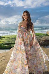 Multicolor Floral Gown With Beaded Cape Sleeves