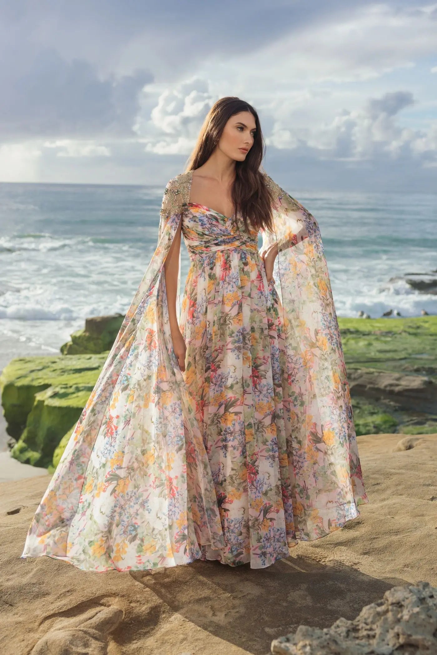 Multicolor Floral Gown With Beaded Cape Sleeves