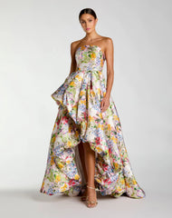 Multicolor Strapless Floral High Low Bubble Hem Gown