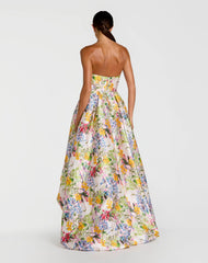 Multicolor Strapless Floral High Low Bubble Hem Gown