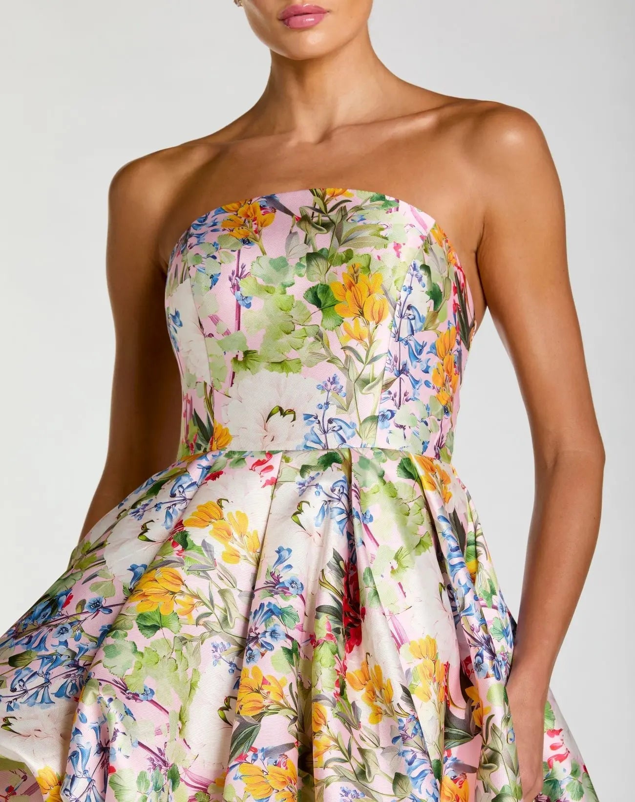 Multicolor Strapless Floral High Low Bubble Hem Gown