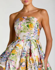 Multicolor Strapless Floral High Low Bubble Hem Gown