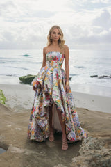 Multicolor Strapless Floral High Low Bubble Hem Gown